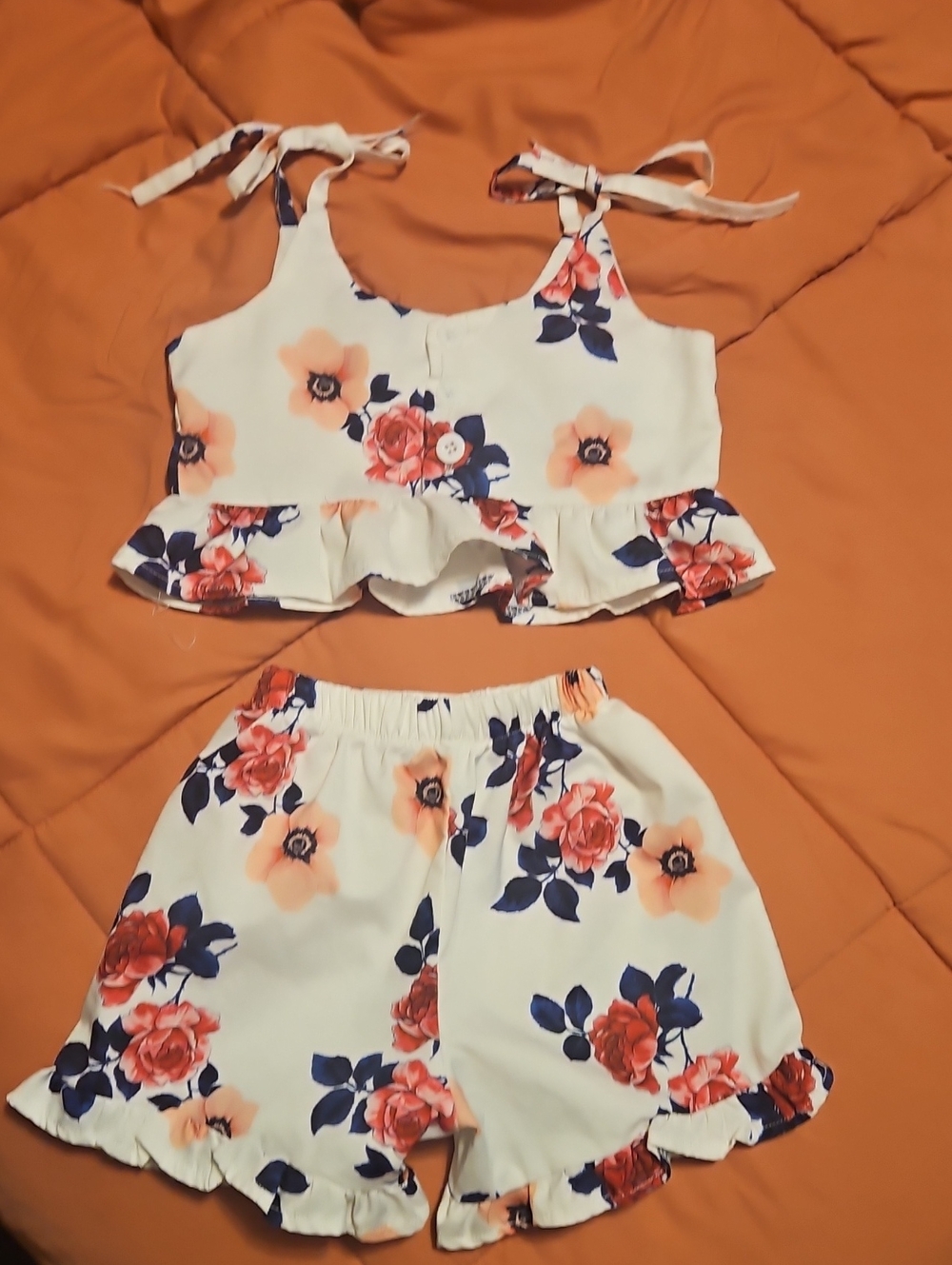 Source Unknown White Floral Ruffle Tank & Shorts Set - Coral & Navy